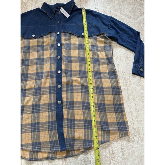 Denim Flannel Shirt Dress Plaid Long Sleeve Button Tunic Cotton Plus Sz 2XL - Picture 8 of 12
